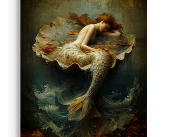 Tide Dreaming Mermaid Art Print | Vintage Coastal Wall Art | Moody Ocean Decor | Ethereal Mermaid Portrait | Nautical Cottagecore JC331