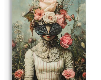 Mystic Flora Art Print, Victorian Lady Butterfly Mask, Botanical Garden Painting 190RD