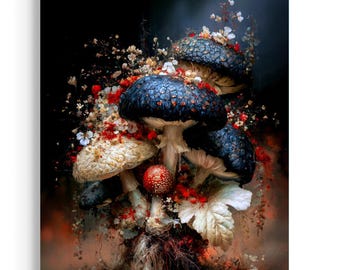 Midnight Mushroom Bouquet Art Print | Moody Botanical Fantasy Wall Decor | Dark Cottagecore Mushroom Illustration JC417