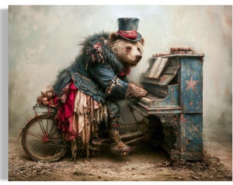 Whimsical Bear Piano Wall Art Print, Vintage Circus Animal Decor, Storybook Woodland Art, Moody Cottagecore Nursery Print JC389