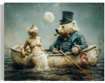 Whimsical Bear & Mermaid Wall Art Print | Dark Coastal Fantasy Decor | Victorian Polar Bear  | Surreal Ocean Romance  | Moody Nautical JC352