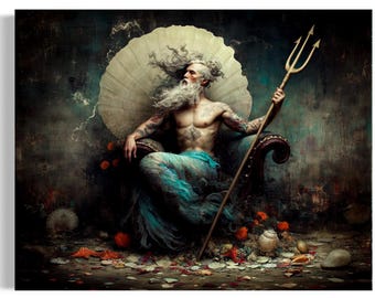 Poseidon Wall Art Print | Dark Coastal Mythology Decor, Whimsical Fantasy Sea God JC354