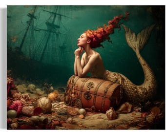 Whimsical Mermaid Treasure Art Print – Vintage Underwater Fantasy Wall Decor – Moody Ocean Siren Illustration – Coastal Gothic Mermaid JC413