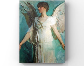 Angel Standing Antique Oil Painting by Abbott Handerson Thayer, Dark Academia Art, Aqua Blue and Ivory Wall Art, Cottagecore Decor