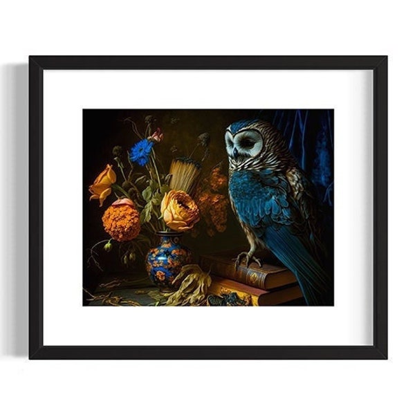 Owl, Flowers and Books Still Life, Vanitas Vintage Gothic Owl, Moody Dark Aesthetic Artwork, Dark Academia Antique Oil Painting DA#217