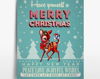 Have Yourself A Merry Christmas-Vintage Reindeer Print, Retro Xmas, Holiday Art, Christmas Wall Decor, Winter, Vintage Style, Wall Art, Gift