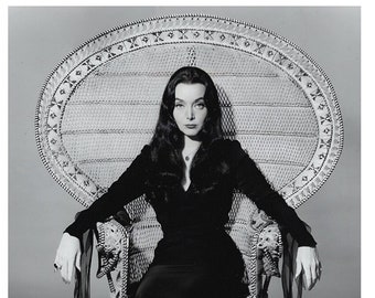 Gothic Queen Carolyn Jones as Morticia Addams in her Throne Wicker Peacock Chair, Vintage Photograph Halloween Poster Fall Decor