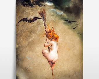 May include: A painting of a woman with long red hair flying on a broomstick. She is nude and has a determined expression on her face. The background is a dark sky with clouds and bats.