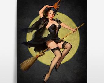 May include: A woman dressed as a witch flies on a broomstick in front of a full moon. She wears a black dress, a pointed hat, and stockings. The background is dark with a yellow moon.