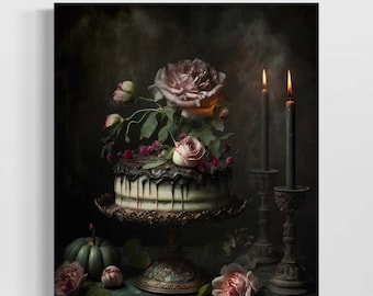 Dessert Antique Oil Painting | Moody Wedding Cake Still Life Painting, Vintage Kitchen Art, Breakfast Nook Decor, Dark Academia Floral RD361