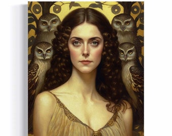 Art Nouveau Print | Golden Goddess Gothic Oil Painting, Owl Wall Decor, Forest Witch, Cottagecore, Dark Academia, Art Deco Aesthetic  RD367
