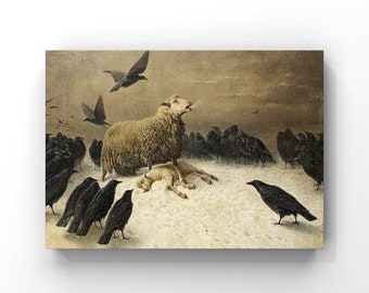 Pintura al óleo antigua de Dark Academia, ovejas y cuervos angustiados, impresión artística de August Friedrich Schenck, impresión gótica DA#023