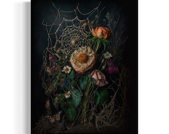 Arte gótico de la pared floral, flores y telaraña, estética cambiante, pintura al óleo antigua botánica, decoración de la academia oscura, fondo negro RD770