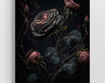 Rose Flower Wall Decor, Floral Still Life, Vintage Pink Roses Painting, Moody Aesthetic, Botanical Antique Oil Painting Dark Academia  RD352