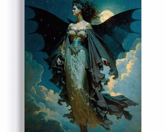 Gothic Bat Woman Oil Painting, Flying Witch With Bat Wings in The Moonlight, Dark Home Decor, Creepy Goth Wall Art, Halloween Art RD382