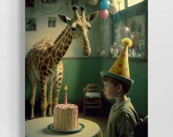 Giraffe Birthday Party | Giraffe Art Print, Pop Surrealism, Lowbrow Unusual Unique Wall Decor, Funny Humor Strange Weird Odd Wall Art RD346