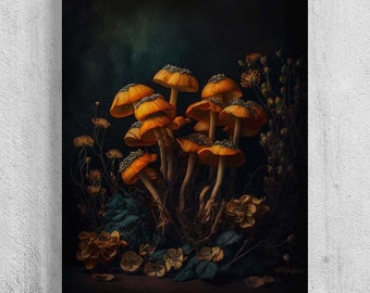 Gothic Floral Still Life, Vintage Mushroom Wall Art, Mushroom Decor, Moody Aesthetic, Botanical, Dark Academia Antique Oil Painting RD794