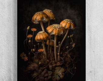 Dark Forest Mushroom Print, Vintage Mushroom Wall Art, Mushroom