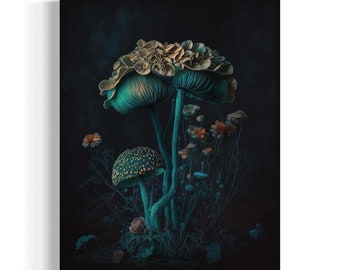 Gothic Floral Still Life, Vintage Mushroom Wall Art, Mushroom Decor, Moody Aesthetic, Botanical, Dark Academia Antique Oil Painting RD64