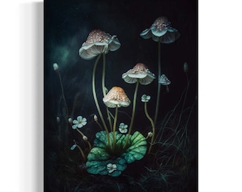 Dark Forest Mushroom Print, Vintage Mushroom Wall Art, Antique Mushroom Decor, Moody Aesthetic, Botanical, Dark Academia Oil Painting RD792