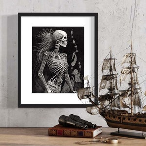 Skeleton Mermaid Print | Skeleton Illustration, Mermaid Wall Decor, Moody Art Decor, Dark Academia, Black Background, Goth Aesthetic  RD309