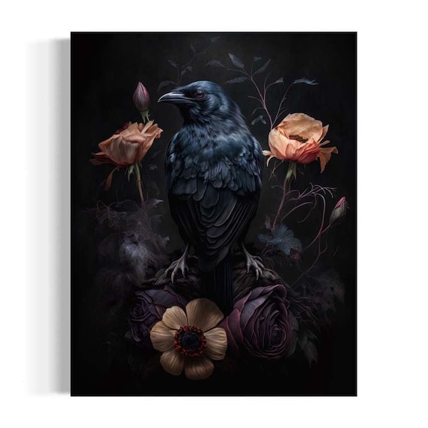 Black Raven and Pink Flowers Wall Art, Gothic Floral Still Life, Botanical Decor, Moody Aesthetic, Dark Academia Antique Oil Painting RD315