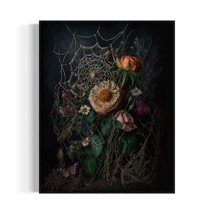 Gothic Floral Wall Art, Flowers and Spiderweb, Moody Aesthetic, Botanical Antique Oil Painting, Dark Academia Decor, Black Background  RD770