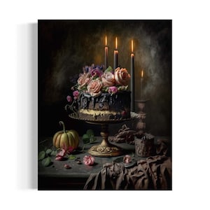Moody Chocolate Cake Still Life Painting, Vintage Kitchen Art, Breakfast Nook Decor, Botanical Antique Oil Painting, Dark Academia RD786