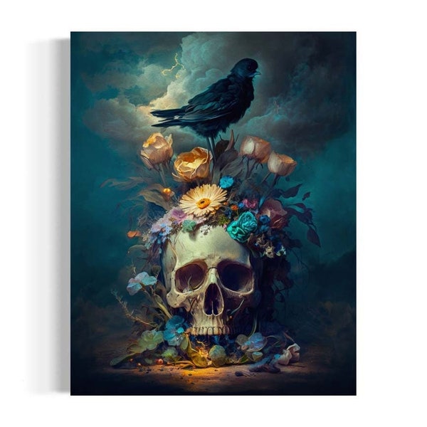 Nature Morte Vanitas Oil Painting | Skull With Flowers and Raven Art Print, Dark Academia Decor, Gothic Antique Floral Skull Painting RD316
