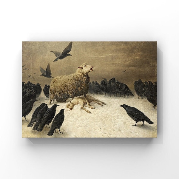 Dark Academia Antique Oil Painting, Anguish Sheep and Crows, August Friedrich Schenck Art Print, Gothic Print DA#023