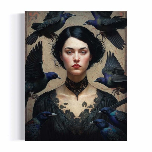 The Raven Vintage Oil Painting | Victorian Witch Portrait with Birds, Black Crow, Dark Academia, Victorian Aesthetic Gothic Wall Art RD366