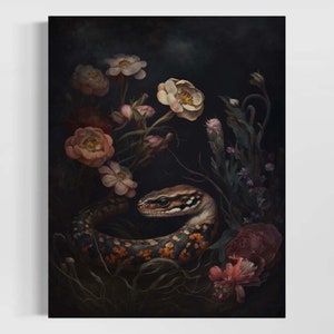 Snake Oil Painting | Floral Snake Print, Serpentine, Dark Academia Decor, Gothic Antique Flower Snake, Dark Botanical Snake Wall Art RD360