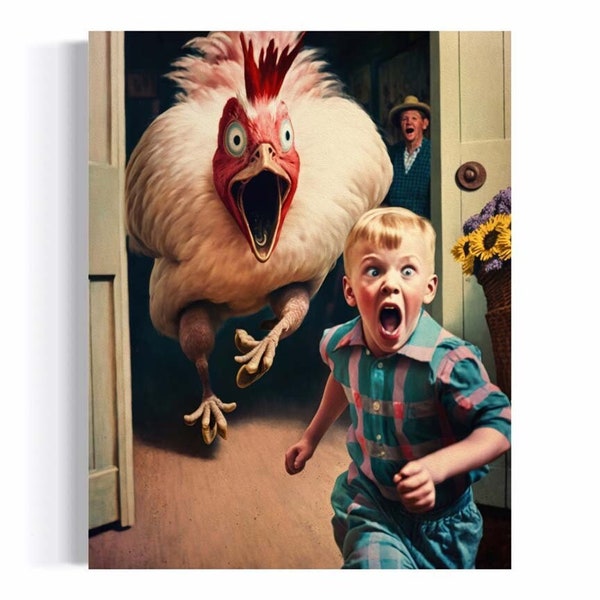 Chicken Art Print | Scary Rooster Painting, Pop Surrealism, Lowbrow Unusual Unique Wall Decor, Funny Humor Strange Weird Odd Wall Art RD392