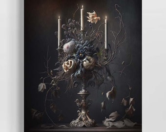 Victorian Floral Still Life Print | Candle, Peony Flower Wall Art, Dark Academia Oil Painting RD353