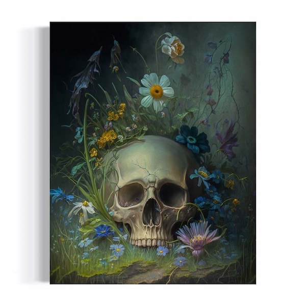 Nature Morte Vanitas Oil Painting | Skull With Wildflowers Print, Dark Academia Decor, Botanicals Gothic Antique Floral Skull Painting RD369
