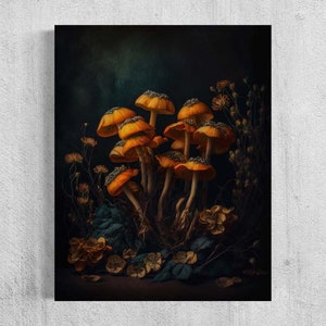 Gothic Floral Still Life, Vintage Mushroom Wall Art, Mushroom Decor, Moody Aesthetic, Botanical, Dark Academia Antique Oil Painting RD794