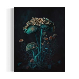 Gothic Floral Still Life, Vintage Mushroom Wall Art, Mushroom Decor, Moody Aesthetic, Botanical, Dark Academia Antique Oil Painting RD64