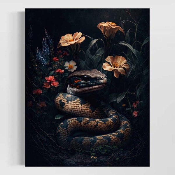 Floral Snake Print | Snake Oil Painting, Serpentine, Dark Academia Decor, Gothic Antique Flower Snake, Dark Botanical Snake Wall Art RD356