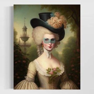 Marie Antoinette Vintage French Masquerade Mask Oil Painting, Feminine Woman Portrait Print, Dark Academia, Rococo Aesthetic Coquette RD341