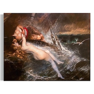 The Kiss of the Siren Print | Gustav Wertheimer Antique Painting | Siren Art Print | Greek Mythology Wall Art | Romanticism Painting