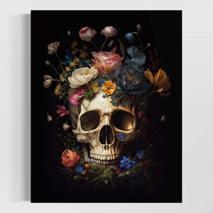 Floral Skull Painting | Skull With Pink and Blue Flowers Oil Painting, Dark Academia, Gothic Antique Flower Skull, Dark Botanical Art RD359