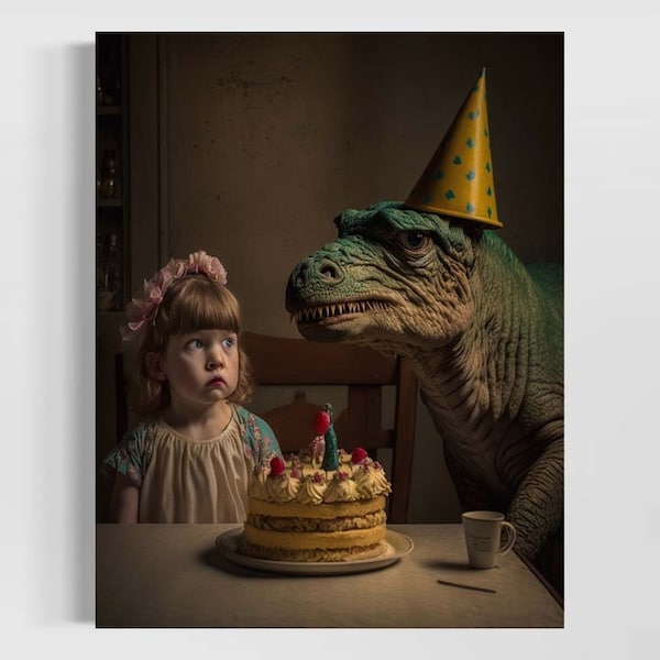 Dinosaur Birthday Party | Dinosaur Party, Pop Surrealism, Lowbrow Unusual Unique Wall Decor, Funny Humor Strange Weird Odd Wall Art RD357