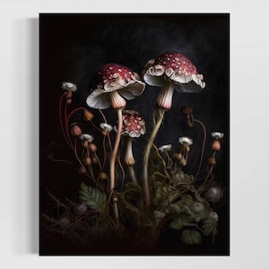 Dark Forest Mushroom Print, Vintage Mushroom Wall Art, Antique Mushroom Decor, Moody Aesthetic, Botanical, Dark Academia Oil Painting RD351
