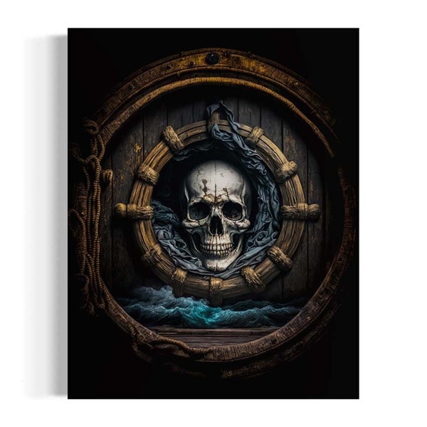 Gothic Skull Art Print | Antique Skull Porthole, Vintage Skeleton Head, Pirate Ghost Ship, Dark Academia Decor, Pirate Aesthetic RD325
