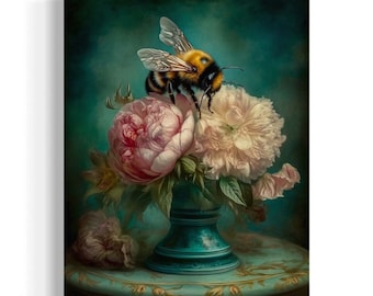 Bee and Pink Peonies Still Life | Vintage Aqua Vase With Pink Florals, Moody Bontanicals Aesthetic, Dark Academia Antique Oil Painting RA38