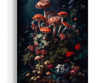 Vintage Mushroom Wall Art, Gothic Floral Still Life, Mushroom Decor, Moody Aesthetic, Botanical, Dark Academia Antique Oil Painting RA52