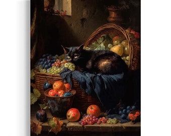 Black Cat and Fruit Basket Wall Art, Gothic Floral Still Life, Botanical Decor, Moody Aesthetic, Dark Academia Antique Oil Painting RA6