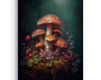 Vintage Mushroom Wall Art, Gothic Floral Still Life, Mushroom Decor, Moody Aesthetic, Botanical, Dark Academia Antique Oil Painting RA49