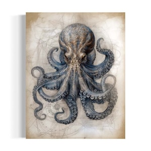 Octopus Wall Art | Blue Octopus, Kraken Print, Sea Life, Nautical Wall Art, Ocean Creature, Dark Academia, Anatomy Specimen RA4