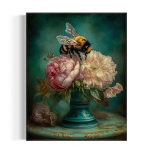 Bee and Pink Peonies Still Life | Vintage Aqua Vase With Pink Florals, Moody Bontanicals Aesthetic, Dark Academia Antique Oil Painting RA38